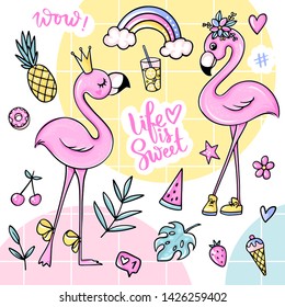 Big cute summer stickers set with flamingos, ice cream, watermelon, pineapple, rainbow, lemonade, cherry. Stickers, pins badges, patches Vector elements in flat style