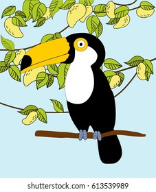 big cute toucan on a ripe mango background. Vector image.