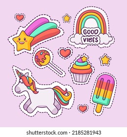 Big cute unicorn sticker pack. Fashion patch badges. shooting star, Ice cream, rainbow,star. Vector illustration design.