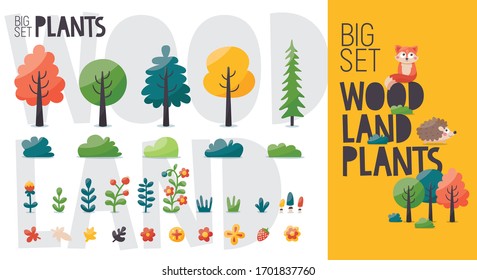 Gran adorable colección de dibujos animados de bosques silvestres: árboles, arbustos, setas, flores, bayas, hojas, plantas, fresas