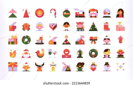 Big Cute Vector Icons set about Christmas, New Year, Xmas, Winter time, Holiday. Minimal trendy style. Geometric illustrations. Santa. Home Decorations. Dishes. People.