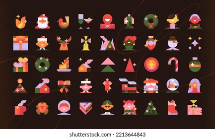 Big Cute Vector Icons set about Christmas, New Year, Xmas, Winter time, Holiday. Minimal trendy style. Geometric illustrations. Santa. Home Decorations. Dishes. People.