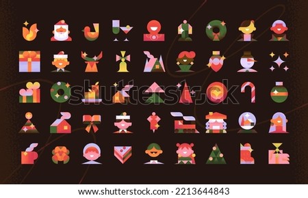 Big Cute Vector Icons set about Christmas, New Year, Xmas, Winter time, Holiday. Minimal trendy style. Geometric illustrations. Santa. Home Decorations. Dishes. People.
