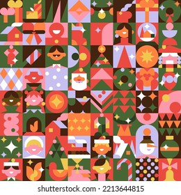 Big Cute Vector Seamless pattern about Christmas, New Year, Xmas, Winter time, Holiday. Minimal trendy style. Geometric illustrations. Vector Christmas Icons set.