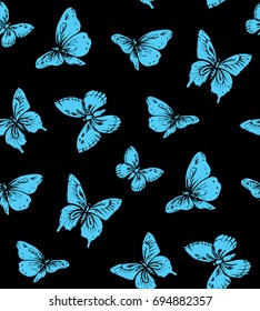 Big cute wild fly cyan hexapod bugs isolated on dark backdrop. Freehand linear black ink hand drawn logo in art retro tileable design style pen on paper. View close up on night sky