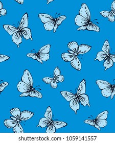 Big cute wild fly navy hexapod bugs isolated on bright cobalt backdrop. Freehand linear black ink hand drawn logo in art retro tileable design style pen on paper. View close up on dark azure sky