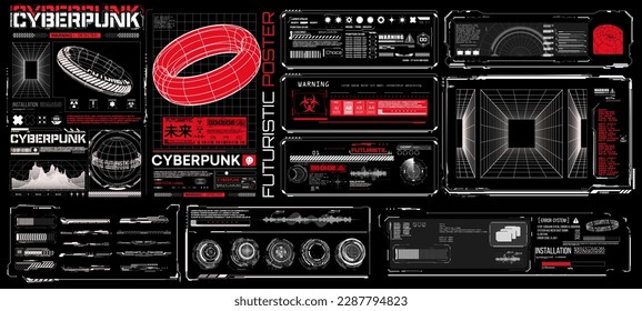 Big cyberpunk collection of retro futuristic elements for design. Retro futuristic graphic pack. Universal geometric shapes. Isolated on gray background. Data information infographic. Vector