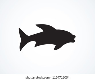 Big Cyprinus carpio isolated on white backdrop. Dark ink hand drawn logotype emblem sketchy in art retro contour etching print style. Closeup side view with space for text