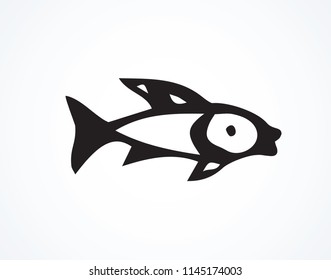 Big Cyprinus carpio isolated on white backdrop. Freehand outline black ink hand drawn logotype emblem pictogram sketchy in art retro scribble style pen on paper. Closeup side view with space for text