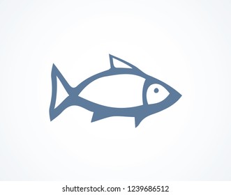 Big Cyprinus carpio isolated on white backdrop. Freehand outline black ink hand drawn logotype emblem pictogram sketchy in art retro scribble style pen on paper. Closeup side view with space for text