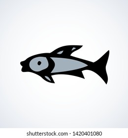 Big Cyprinus carpio isolated on white backdrop. Freehand outline black ink hand drawn logotype emblem pictogram sketchy in art retro scribble style pen on paper. Closeup side view with space for text