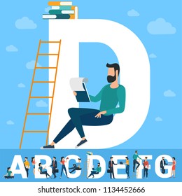 Big D letter. White letter with  young people with  tablets and smartphones and computers sending and sharing  social media posts. Flat design vector typeface initial  concept over sky background.