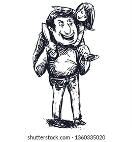 big daddy father carrying his young daughter dark sketch for father day illustration