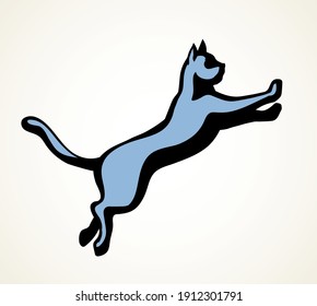 Big danger jaguar beast leap move on light paper text space backdrop. Freehand outline black ink pen hand drawn fun fauna cougar tail emblem design in retro art doodle print style. Close up side view
