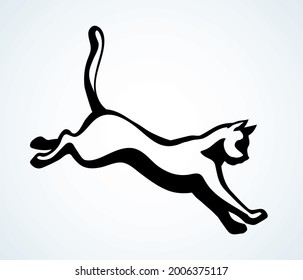 Big danger jaguar beast leap move on light paper text space backdrop. Freehand outline black ink pen hand drawn fun fauna cougar tail emblem design in retro art doodle print style. Close up side view
