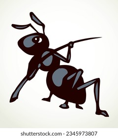 Big dark arachnid Formicidae keep fir pine tree anthill pest outline hand drawn smile emblem design. Doodle retro art kid comic contour style сlose up detail micro view light paper text space backdrop