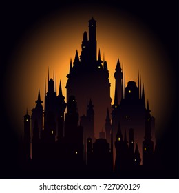 Big Dark Castle Meeting Sunset. Vector Image.