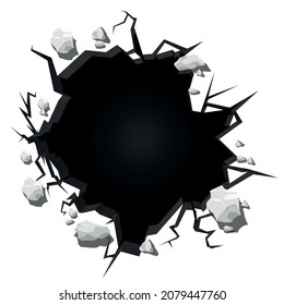 Big dark cracked hole in ground top view realistic vector illustration