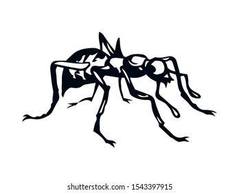 Big dark eusocial Formicidae. Linear ink drawn emblem logotype sketchy in scribble retro art eyching print style pen on paper. Close-up detail micro view with space for text on light backdrop