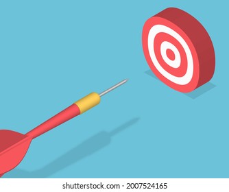 Big dart hit to center of dartboard. Arrow on bullseye target. Business success, investment goal, marketing challenge, financial strategy, purpose achievement, focus ideas concept. 3d isometric vector