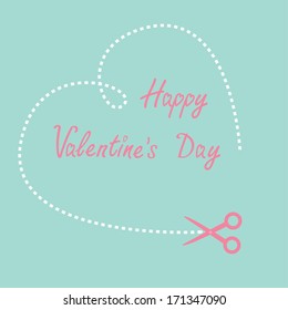 Big dash heart on the blue background and scissors. Happy Valentines Day card. Vector illustration.