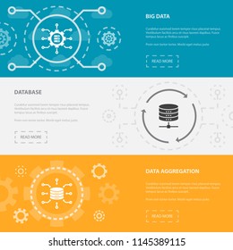 Big data 3 horizontal webpage banners template with Big data, Database, Data Aggregation concept icons. Flat modern isolated icon illustration.