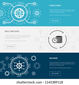 Big data 3 horizontal webpage banners template with Public data, Real time data, Big data concept icons. Flat modern isolated icon illustration.