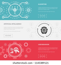 Big data 3 horizontal webpage banners template with Algorithm, Artificial intelligence, User behavior concept icons. Flat modern isolated icon illustration.