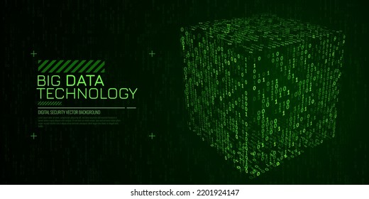 Cubo 3D Big Data en el estilo Matrix. Fondo de concepto de código básico de CPU de computadora cuántica. Concepto de bloques de cubo de cadena de bloqueo 3D. Ordenación de datos. Elemento de diseño HUD de Inteligencia Artificial. Ilustración vectorial.