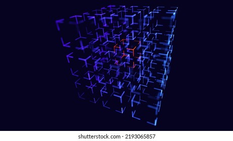 Big Data 3D Cube. Quantum Computer CPU Core Virus Concept Background. Red Cube Inside Blue Block. 3D Blockchain Cube Blocks Concept. Data Sorting. Artificial Intelligence HUD Design Element.