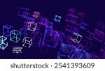 Big Data 3D Cubes Quantum Computer Business Server Concept Background. 3D Blockchain Cube Blocks Concept. Data Core Abstract Cubes. Artificial Intelligence HUD Design Element.