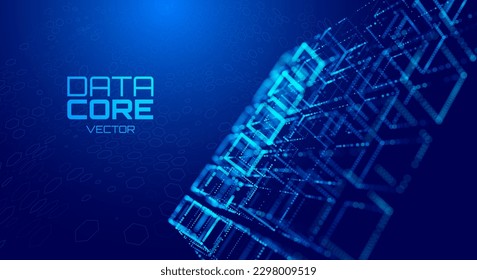 Big Data 3D Cubes Quantum Computer Server Concept Background. 3D Blockchain Cube Blocks Concept. Data Core Abstract Cubes. Artificial Intelligence HUD Design Element.