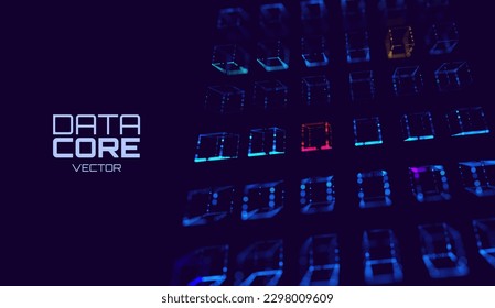 Big Data 3D Cubes Quantum Computer Server Concept Background. 3D Blockchain Cube Blocks Concept. Data Core Abstract Cubes. Artificial Intelligence HUD Design Element.