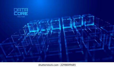 Big Data 3D Cubes el fondo del concepto de servidor de computadoras cuántico Quantum. Concepto de bloques de cubo de cadena de bloqueo 3D. Cubos abstractos de núcleo de datos. Elemento de diseño HUD de Inteligencia Artificial.