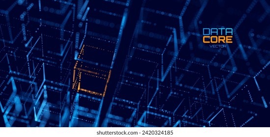 Big Data 3D Cubes Quantum Computer Server Concept Background. 3D Blockchain Cube Blocks Concept. Data Core Abstract Cubes. Artificial Intelligence HUD Design Element.