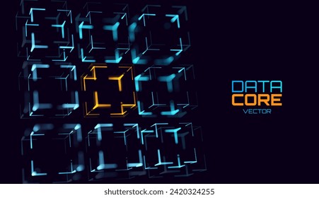 Big Data 3D Cubes Quantum Computer Server Concept Background. 3D Blockchain Cube Blocks Concept. Data Core Abstract Cubes. Artificial Intelligence HUD Design Element.