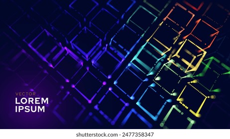 Big Data 3D Cubes Quantum Computer Server Concept Background. 3D Blockchain Cube Blocks Concept. Data Core Abstract Cubes. Artificial Intelligence HUD Design Element.