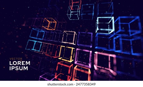 Big Data 3D Cubes Quantum Computer Server Concept Background. 3D Blockchain Cube Blocks Concept. Data Core Abstract Cubes. Artificial Intelligence HUD Design Element.