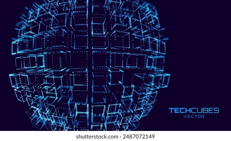 Big Data 3D Cubes Quantum Computer Server Concept Background. 3D Blockchain Cube Blocks Concept. Data Core Abstract Cubes. Artificial Intelligence HUD Design Element.