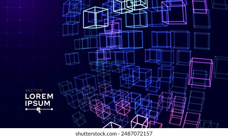 Big Data 3D Cubes Quantum Computer Server Concept Background. 3D Blockchain Cube Blocks Concept. Data Core Abstract Cubes. Artificial Intelligence HUD Design Element.