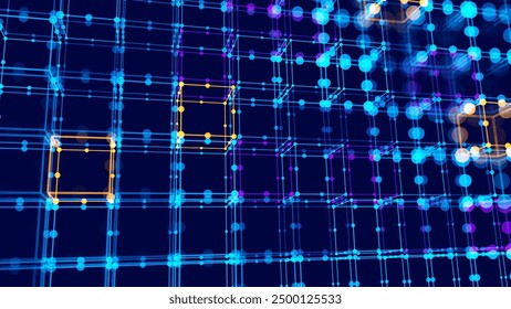 Cubos 3D de Big Data Fondo de concepto de servidor de computadora cuántica. Concepto de bloques de cubos de blockchain 3D. Cubos Abstractas del núcleo de datos. Inteligencia Artificial Elemento de Diseño HUD.