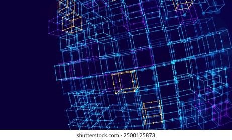 Cubos 3D de Big Data Fondo de concepto de servidor de computadora cuántica. Concepto de bloques de cubos de blockchain 3D. Cubos Abstractas del núcleo de datos. Inteligencia Artificial Elemento de Diseño HUD.