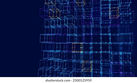 Cubos 3D de Big Data Fondo de concepto de servidor de computadora cuántica. Concepto de bloques de cubos de blockchain 3D. Cubos Abstractas del núcleo de datos. Inteligencia Artificial Elemento de Diseño HUD.