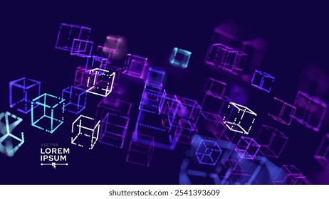 Big Data 3D Cubes Quantum Computer Business Server Concept Background. 3D Blockchain Cube Blocks Concept. Data Core Abstract Cubes. Artificial Intelligence HUD Design Element.