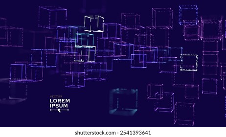 Big Data 3D Cubes Quantum Computer Business Server Concepto de fondo. Concepto de bloques de cubos de blockchain 3D. Cubos Abstractas del núcleo de datos. Inteligencia Artificial Elemento de Diseño HUD.