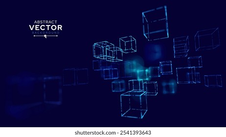 Big Data 3D Cubes Quantum Computer Business Server Concepto de fondo. Concepto de bloques de cubos de blockchain 3D. Cubos Abstractas del núcleo de datos. Inteligencia Artificial Elemento de Diseño HUD.