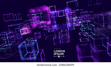 Big Data 3D Cubes Quantum Computer Business Server Concept Background. 3D Blockchain Cube Blocks Concept. Data Core Abstract Cubes. Artificial Intelligence HUD Design Element.