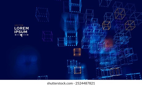 Big Data 3D Digital Cubes Quantum Computer Server Concepto de fondo. Concepto de bloques de cubos de blockchain 3D. Cubos Abstractas del núcleo de datos. Diseño de presentación de Inteligencia Artificial. Ilustración vectorial.