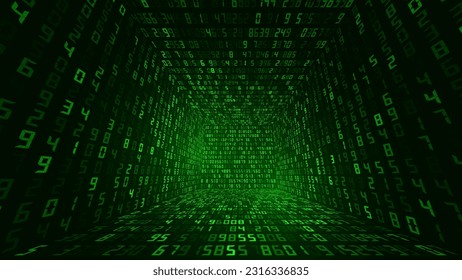 Big Data 3D Matrix Digital Numbers. Quantum Computer CPU Core Code Concept Background. 3D Blockchain Cube Blocks Concept. Data Sorting. Artificial Intelligence. Vector Illustration. svg