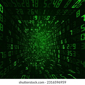 Big Data 3D Matrix Digital Numbers. Quantum Computer CPU Core Code Concept Background. 3D Blockchain Cube Blocks Concept. Data Sorting. Artificial Intelligence. Vector Illustration.
